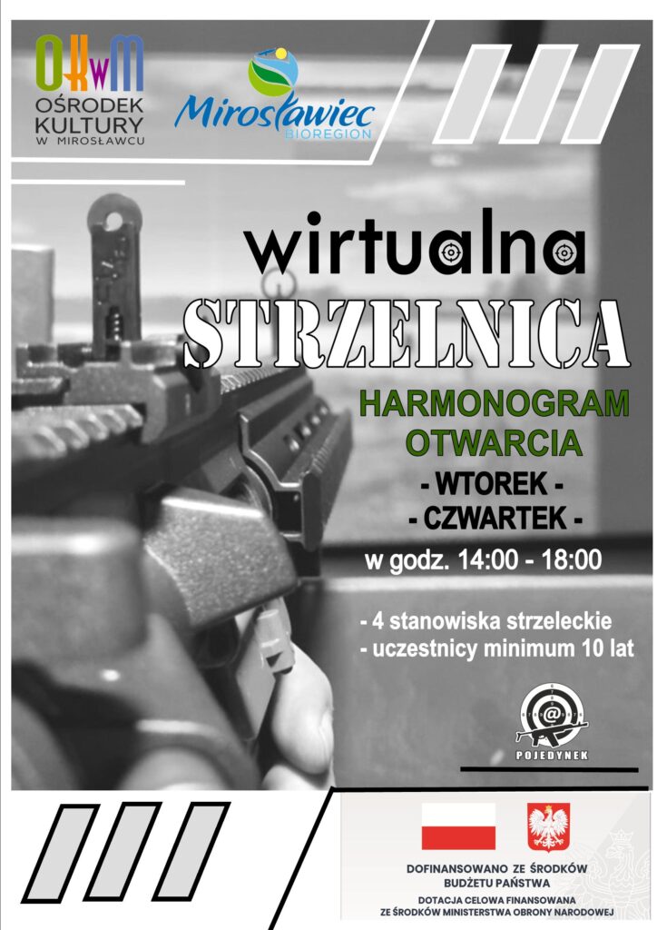 Zapraszamy na naszą strzelnicę wirtualną. Wtorki i czwartki w godzinach 14:00 - 18:00 . Zapisy pod nr nr telefonu 37 25 95 023 lub osobiście w OKwM. Minimalny wiek uczestnika to 10 lat. Strzelnica posiada 4 stanowiska strzeleckie.