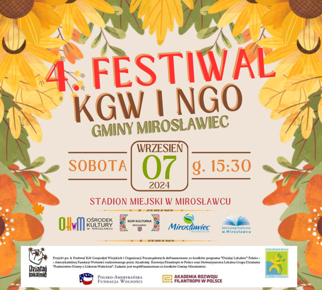 Przedstawiamy program godzinowy 4. Festiwalu KGW i NGO - 7 września 2024 r.
godz. 15:30 rozpoczęcie festiwalu
godz. 16:00 przedstawienie pt. "Zielarka" w wykonaniu Teatru Silver Art - zakochani w teatrze
godz. 16:20 Narodowe czytanie - Juliusz Słowacki "Kordian"
godz. 16:45 animacje dla dzieci - Esy floresy - animacje dla dzieci
godz. 17:45 koncert zespołu "Swojacy"
godz. 18:15 animacje dla dzieci - Esy floresy  animacje dla dzieci
godz. 19:15 koncert zespołu "Po schodkach"